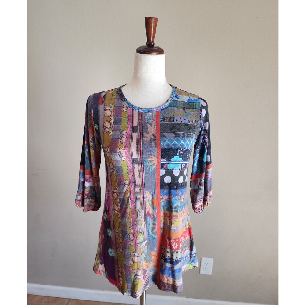 Johnny Was Women's Patchwork Top Puff Sleeve Colorful Bamboo SZ XS
